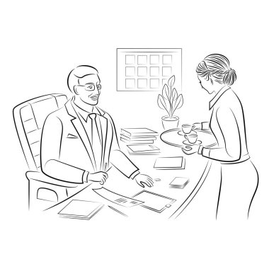 Kız, erkek patrona iki fincan çay, tepside kahve servis ediyor. Ofisteki sekreter. Vektör illüstrasyonları