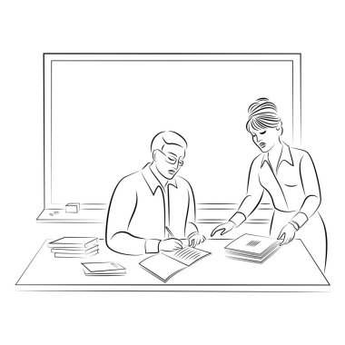Adamın siluetleri, deftere kalemle yazıyor. Bayan öğretmen, ona yardım et. Öğretmenler derslerin nasıl kontrol edileceğine danışırlar. Grafiksel görüntü. Vektör illüstrasyonları