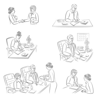 Tahsilat. Kız sekreter belgelerle çalışıyor. Patron. Ofiste kurumsal bir iş. Vektör çizimleri kümesi