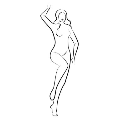 Hoş bir bayanın silueti, ayakta duruyor. Kızın güzel bir çıplak vücudu var. Kadın genç, seksi ve ince bir model. Vektör illüstrasyonu.