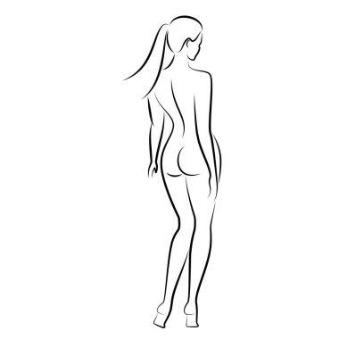 Hoş bir bayanın silueti, ayakta duruyor. Kızın güzel bir çıplak vücudu var. Kadın genç, seksi ve ince bir model. Vektör illüstrasyonu.