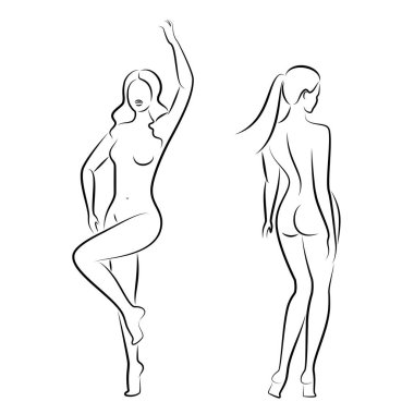 Tahsilat. Tatlı bir bayanın silueti, ayakta duruyor. Kızın güzel bir çıplak vücudu var. Kadın genç, seksi ve zayıf bir model. Vektör illüstrasyonu.