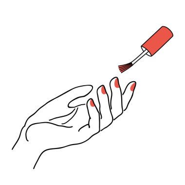 Kadın manikür yapıyor, tırnaklarını cila ile boyuyor. Kadın eli silueti modern bir tek çizgi tarzında. Düz çizgi, dekor için estetik taslak posterler, çıkartmalar, logolar. Vektör illüstrasyonu