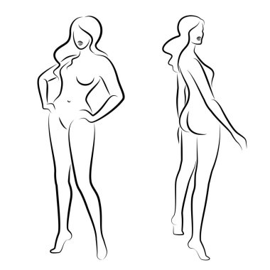 Tahsilat. Tatlı bir bayanın silueti, ayakta duruyor. Kızın güzel bir çıplak vücudu var. Kadın genç, seksi ve zayıf bir model. Vektör illüstrasyonu