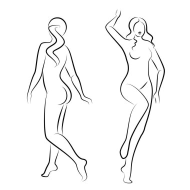 Tahsilat. Tatlı bir bayanın silueti, ayakta duruyor. Kızın güzel bir çıplak vücudu var. Kadın genç, seksi ve zayıf bir model. Vektör illüstrasyonu.