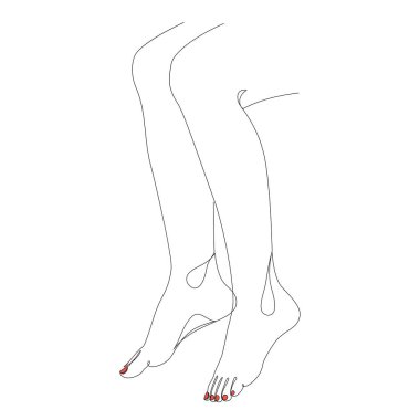 İnsan bacakları siluetleri, modern tek sıra şeklinde ayaklar. Kırmızı oje. Devamlı çizimler, çıkartmalar, logolar. Vektör illüstrasyonu