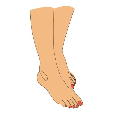 İnsan bacakları siluetleri, modern tek sıra şeklinde ayaklar. Kırmızı oje. Devamlı çizimler, çıkartmalar, logolar. Vektör illüstrasyonu