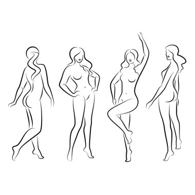 Tahsilat. Tatlı bir bayanın silueti, ayakta duruyor. Kızın güzel bir çıplak vücudu var. Kadın genç, seksi ve zayıf bir model. Vektör illüstrasyonu.