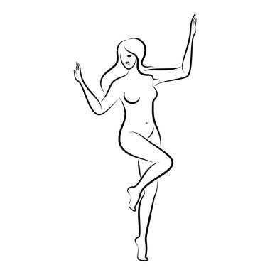 Hoş bir bayanın silueti, ayakta duruyor. Kızın güzel bir çıplak vücudu var. Kadın genç, seksi ve ince bir model. Vektör illüstrasyonu.