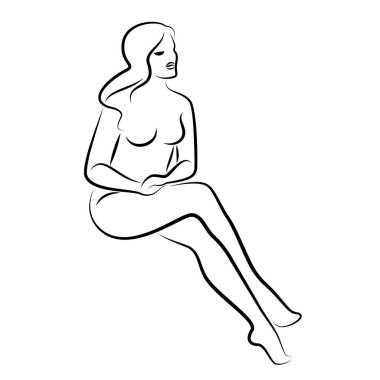 Tatlı bir bayanın silueti, oturuyor. Kızın güzel bir çıplak vücudu var. Kadın genç, seksi ve zayıf bir model. Vektör illüstrasyonu