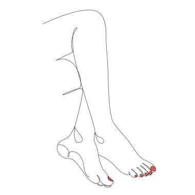 İnsan bacakları siluetleri, modern tek sıra şeklinde ayaklar. Kırmızı oje. Devamlı çizimler, çıkartmalar, logolar. Vektör illüstrasyonu