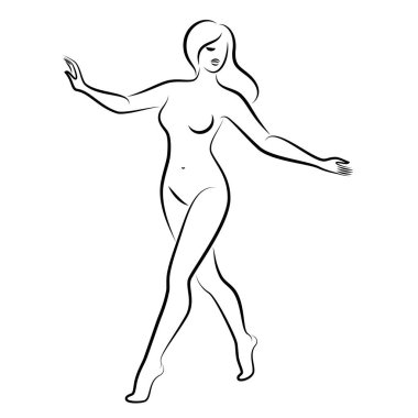 Hoş bir bayanın silueti, ayakta duruyor. Kızın güzel bir çıplak vücudu var. Kadın genç, seksi ve ince bir model. Vektör illüstrasyonu.