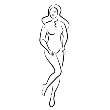 Hoş bir bayanın silueti, ayakta duruyor. Kızın güzel bir çıplak vücudu var. Kadın genç, seksi ve ince bir model. Vektör illüstrasyonu