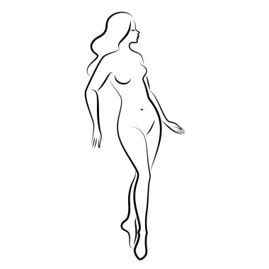 Hoş bir bayanın silueti, ayakta duruyor. Kızın güzel bir çıplak vücudu var. Kadın genç, seksi ve ince bir model. Vektör illüstrasyonu