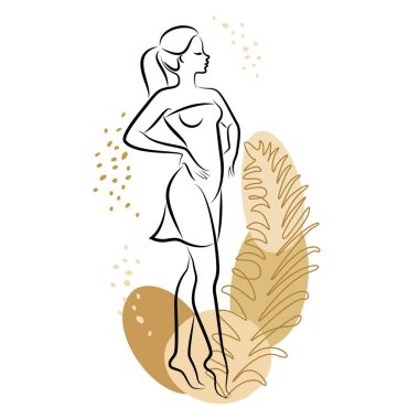 Tatlı bir bayanın silueti ve bir bitkinin yaprakları. Kız ayakta duruyor. Kadının güzel bir vücudu var. O genç ve zayıf. Vektör illüstrasyonu