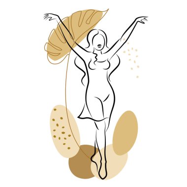 Tatlı bir bayanın silueti ve bir bitkinin yaprakları. Kız ayakta duruyor. Kadının güzel bir vücudu var. O genç ve zayıf. Vektör illüstrasyonu