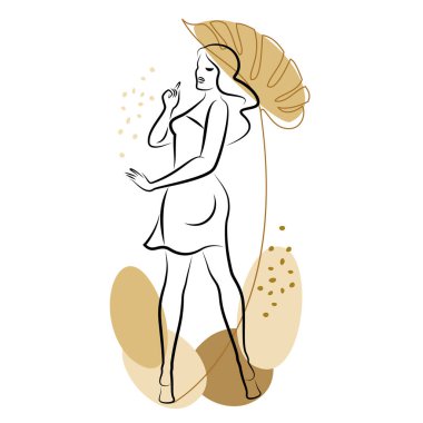 Tatlı bir bayanın silueti ve bir bitkinin yaprakları. Kız ayakta duruyor. Kadının güzel bir vücudu var. O genç ve zayıf. Vektör illüstrasyonu