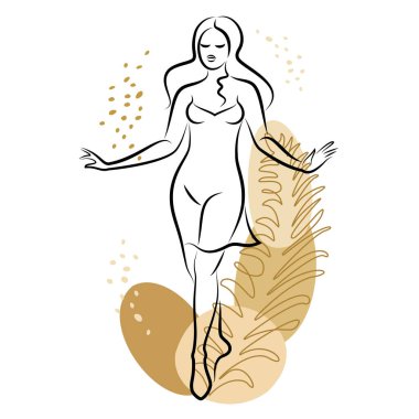 Tatlı bir bayanın silueti ve bir bitkinin yaprakları. Kız ayakta duruyor. Kadının güzel bir vücudu var. O genç ve zayıf. Vektör illüstrasyonu