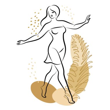 Tatlı bir bayanın silueti ve bir bitkinin yaprakları. Kız ayakta duruyor. Kadının güzel bir vücudu var. O genç ve zayıf. Vektör illüstrasyonu