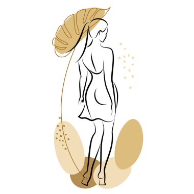 Tatlı bir bayanın silueti ve bir bitkinin yaprakları. Kız ayakta duruyor. Kadının güzel bir vücudu var. O genç ve zayıf. Vektör illüstrasyonu