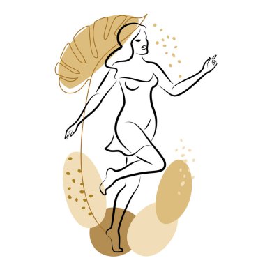 Tatlı bir bayanın silueti ve bir bitkinin yaprakları. Kız ayakta duruyor. Kadının güzel bir vücudu var. O genç ve zayıf. Vektör illüstrasyonu