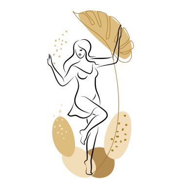 Tatlı bir bayanın silueti ve bir bitkinin yaprakları. Kız ayakta duruyor. Kadının güzel bir vücudu var. O genç ve zayıf. Vektör illüstrasyonu