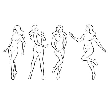 Tahsilat. Tatlı bir bayanın silueti, ayakta duruyor. Kızın güzel bir çıplak vücudu var. Kadın genç, seksi ve zayıf bir model. Vektör illüstrasyonu.