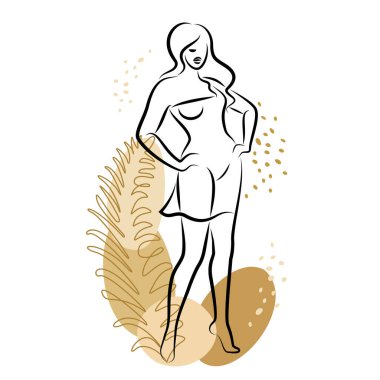 Tatlı bir bayanın silueti ve bir bitkinin yaprakları. Kız ayakta duruyor. Kadının güzel bir vücudu var. O genç ve zayıf. Vektör illüstrasyonu