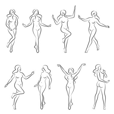 Tahsilat. Tatlı bir bayanın silueti, ayakta duruyor. Kızın güzel bir çıplak vücudu var. Kadın genç, seksi ve zayıf bir model. Vektör illüstrasyonu.