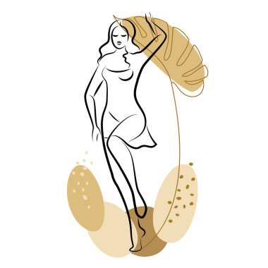 Tatlı bir bayanın silueti ve bir bitkinin yaprakları. Kız ayakta duruyor. Kadının güzel bir vücudu var. O genç ve zayıf. Vektör illüstrasyonu.