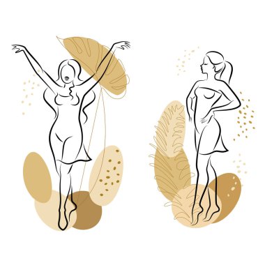 Tahsilat. Tatlı bir bayanın silueti ve bir bitkinin yaprakları. Kız ayakta duruyor. Kadının güzel bir vücudu var. O genç ve zayıf. Vektör illüstrasyonu