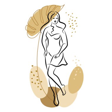 Tatlı bir bayanın silueti ve bir bitkinin yaprakları. Kız ayakta duruyor. Kadının güzel bir vücudu var. O genç ve zayıf. Vektör illüstrasyonu