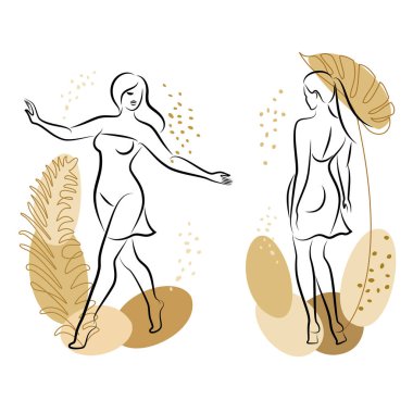 Tahsilat. Tatlı bir bayanın silueti ve bir bitkinin yaprakları. Kız ayakta duruyor. Kadının güzel bir vücudu var. O genç ve zayıf. Vektör illüstrasyonu