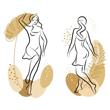 Tahsilat. Tatlı bir bayanın silueti ve bir bitkinin yaprakları. Kız ayakta duruyor. Kadının güzel bir vücudu var. O genç ve zayıf. Vektör illüstrasyonu.