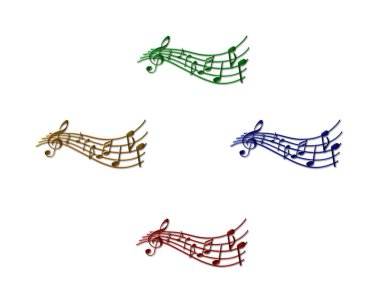 4-3 boyutlu bir müzik seti eğri bir sap üzerinde çizilmiş notalar ve sanatsal bir şekilde yerleştirilmiş notalar, hepsi metalik desenli bir kaplama, beyaz bir arkaplanda izole edilmiş..
