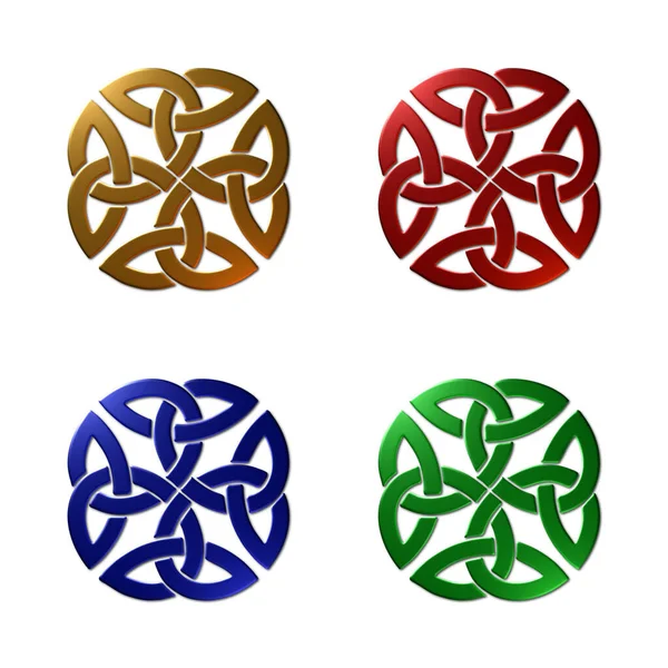 4つのセット 白い背景に隔離された異なる金属質感の色でケルトのサインの3Dレンダリングイラスト — ストック写真
