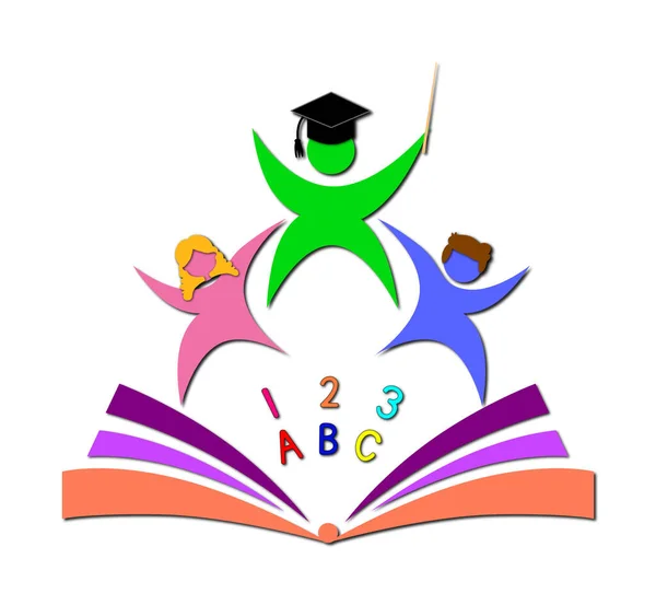 A 3D-rendered illustration of male and female students and a teacher above a book with letters and numbers, isolated on a white background