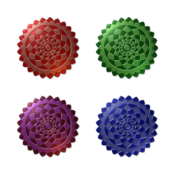ホワイトを基調とした 異なる色の異なる色合いの複雑な同心円状のダイヤモンドパターンを持つ金属シールの4 3Dレンダリングイラストのセット — ストック写真