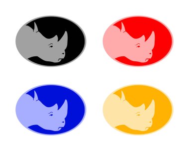 Beyaz bir arka planda izole edilmiş, oval formlarda 4 düz, çift renkli gergedan silueti kafası..