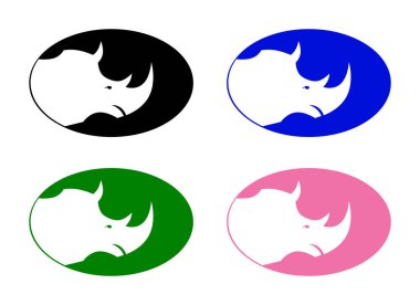 Düz, renkli gergedan logoları, oval bir formda, beyaz arka planda izole edilmiş..