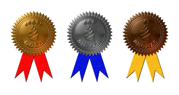 Набір Рецензованих Ілюстрацій Медалей Містять Краплі Дизайні Золоті Срібні Бронзові — стокове фото