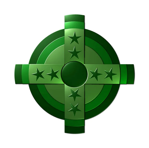 Рендеринг Иллюстрации Многослойного Щита Крестом Звездами Различных Оттенках Зеленого Изолированные — стоковое фото