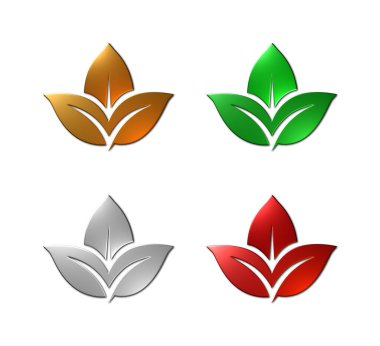 Metalik desenli 4-3 boyutlu çizim yaprağı grafikleri altın, yeşil platin ve kırmızı metalle kaplanmış, beyaz arka planda izole edilmiş..