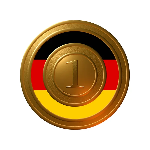 中间是一个金黄色金属纹理圆形印章 中间是1号 外圈是德国国旗 白色背景隔离的三维图形 — 图库照片