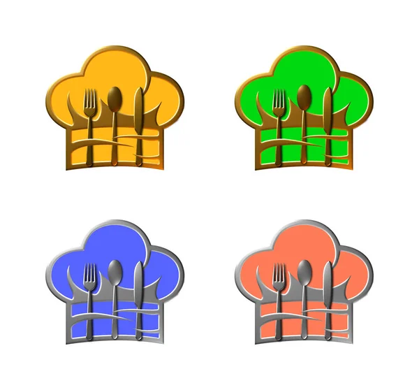 Set Rendered Illustrations Chef Logo Chef Hat Eating Utensils Platinum — Stock Photo, Image