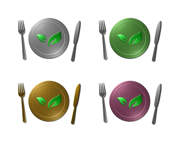 Conjunto Ilustraciones Logotipo Alimentos Orgánicos Acabado Texturizado Metálico Platino Dorado — Foto de Stock