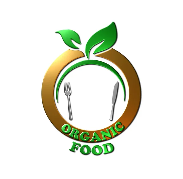 A 3D-rendered illustration of an organic food logo in a platinum, gold and green metallic textured finish, isolated on a white background.