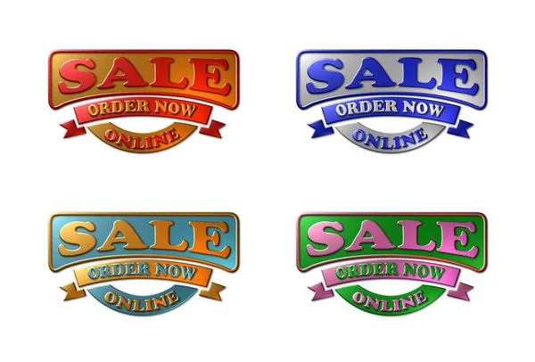 ホワイトを基調にした Sale Order Now Online というテキストで メタリックな質感の看板の4枚の3Dレンダリングイラストのセット — ストック写真