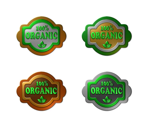 Conjunto Ilustrações Renderizadas Diferentes Logotipos 100 Orgânicos Texturizados Metal Isolados — Fotografia de Stock