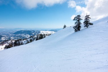 Vasilitsa kayak merkezi Grevena, Yunanistan 'ın karlı yamaçlarında nefes kesici manzara